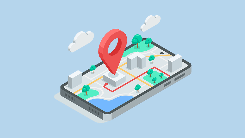 スマートフォン画面上のGoogleマップの３Dイメージイラスト